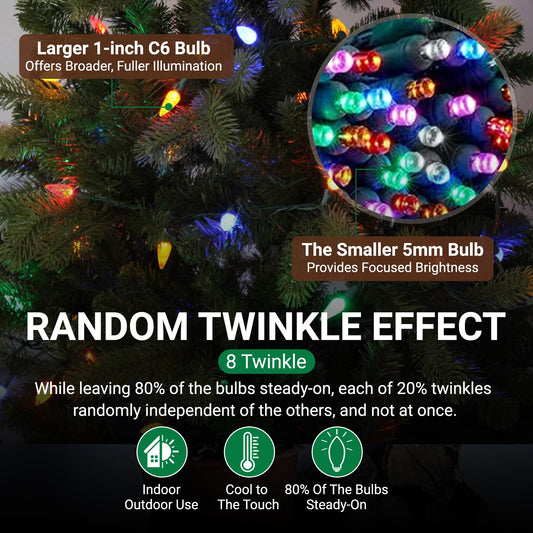 Christmas LED Duet C6/5mm Twinkling Lights - 10 of 50 Lights Twinkle, Professional Grade Indoor Outdoor, 24.5 Feet Sparkling Light String, LED Bulbs Christmas Tree Holiday Decor