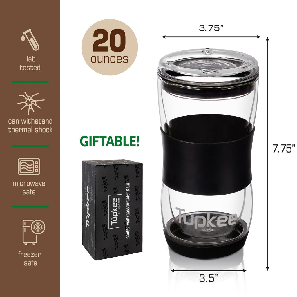 20 oz Double Wall Glass Tumbler With Lid – All Glass Reusable Insulate –  Tupkee