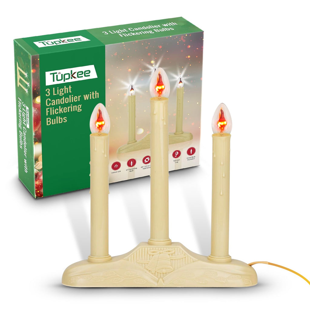 Christmas Candolier Window Candles – with Flickering Bulbs – 3-Lights Indoor - Flameless Electric Window Candles Candelabra