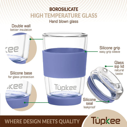 Double Wall Glass Tumbler - 8-Ounce, All Glass Reusable Insulated Tea/Coffee Mug & Lid, Hand Blown Glass Travel Mug