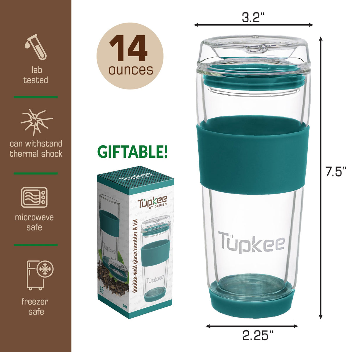 Double Wall Glass Tumbler - 14-Ounce, All Glass Reusable Insulated Tea/Coffee Mug & Lid, Hand Blown Glass Travel Mug