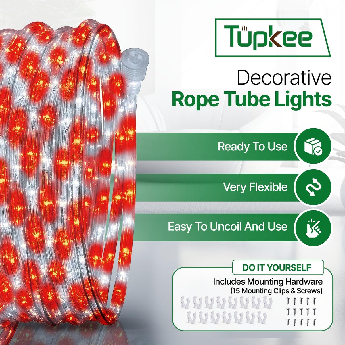 Rope Light LED - 24 Feet (7.3 m), for Indoor and Outdoor use - 10MM Diameter - 144 LED Long Life Bulbs Decorative Rope Tube Lights