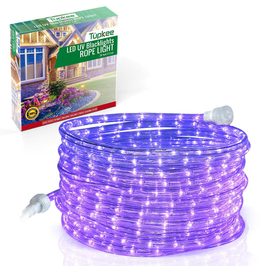 LED Black Light Rope Light - UV Blacklights for Fluorescent Glow Party, Birthday, Halloween Stage Decoration - 24 Feet, Indoor Outdoor - 10MM Diameter - 144 LED Long Life Bulbs Tube Lights