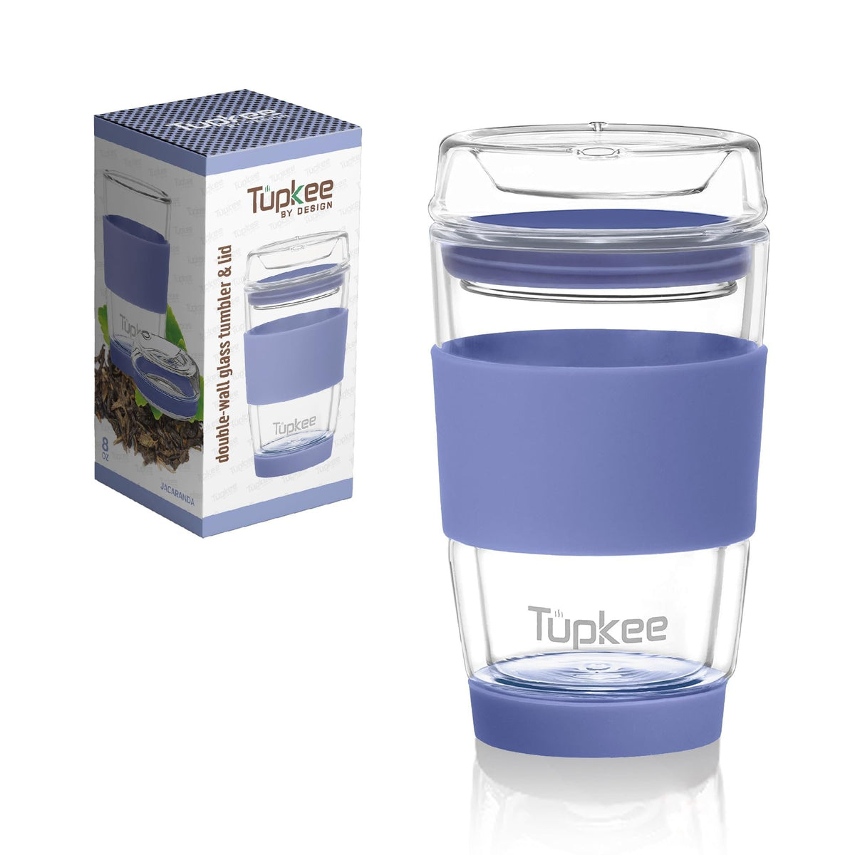 Double Wall Glass Tumbler - 8-Ounce, All Glass Reusable Insulated Tea/Coffee Mug & Lid, Hand Blown Glass Travel Mug