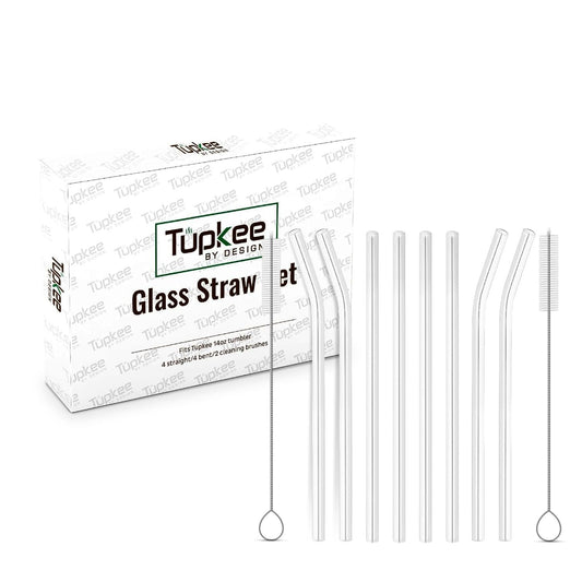 Reusable Glass Straws - 8 Pack Clear Glass Drinking Straws - For Tupkee 14-Ounce Double Wall Glass Travel Tumbler – Includes 4 Straight and 4 Bend, 9” x 1cm Glass Straws, with 2 Cleaning Brushes