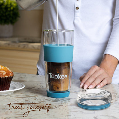 Double Wall Glass Tumbler - 14-Ounce, All Glass Reusable Insulated Tea/Coffee Mug & Lid, Hand Blown Glass Travel Mug