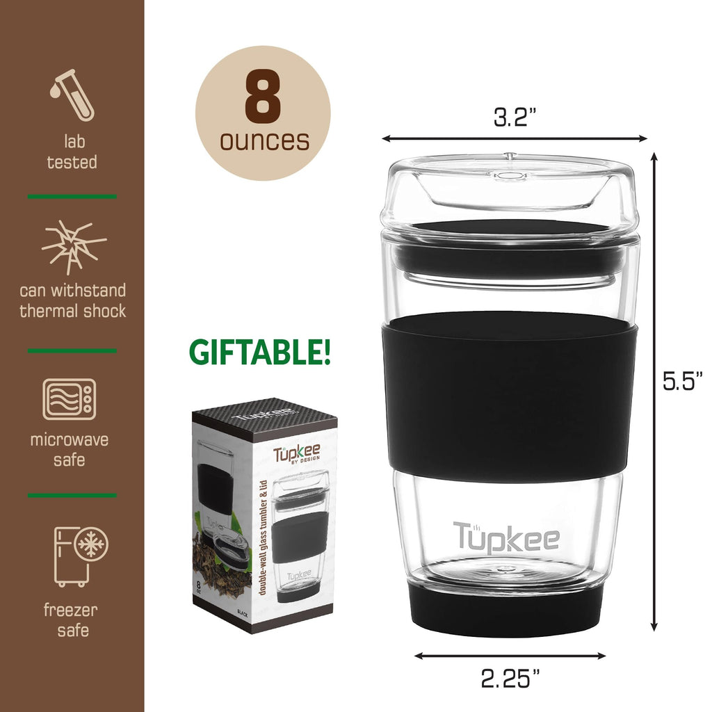 Tupkee Double Wall Glass Tumbler - 8-Ounce, All Glass Reusable Insulated Tea/Coffee Mug & Lid, Hand Blown Glass Travel Mug - Cyan