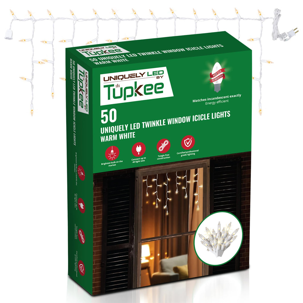 Christmas Twinkle Window Icicle Lights - Uniquely LED, Matches Incandescent Exactly - 3 Feet String (0.91m) - 10 of 50 Bulbs Twinkle Random - 50 LED Warm White Bulb - Twinkling Icicle Christmas Lights