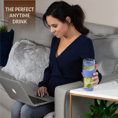 Double Wall Glass Tumbler - 14-Ounce, All Glass Reusable Insulated Tea/Coffee Mug & Lid, Hand Blown Glass Travel Mug