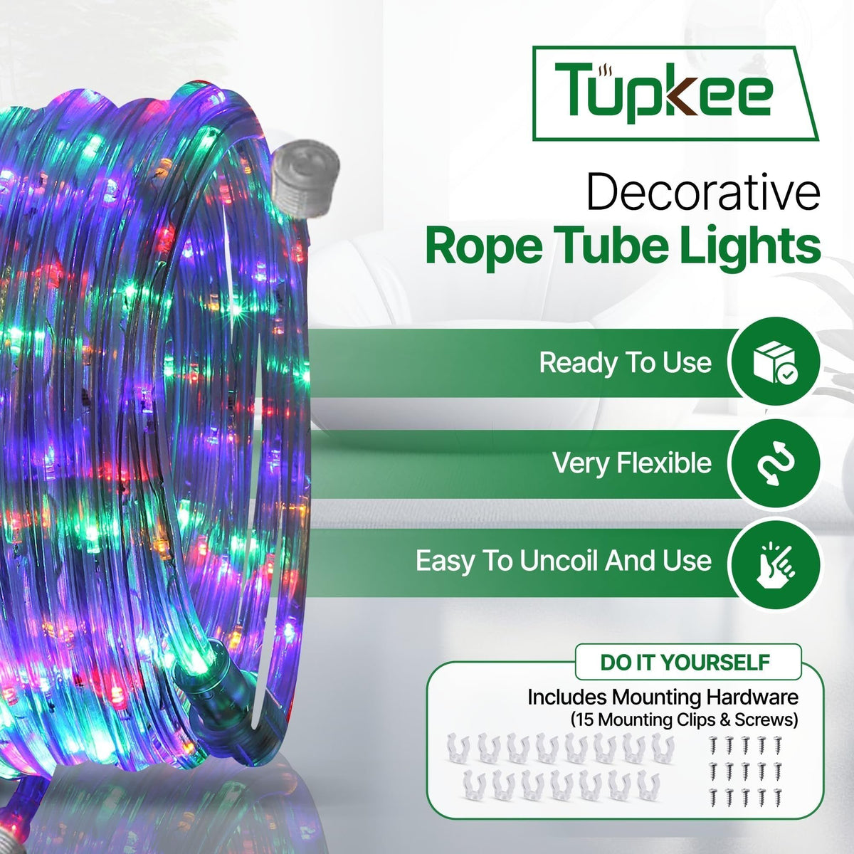Rope Light LED - 24 Feet (7.3 m), for Indoor and Outdoor use - 10MM Diameter - 144 LED Long Life Bulbs Decorative Rope Tube Lights