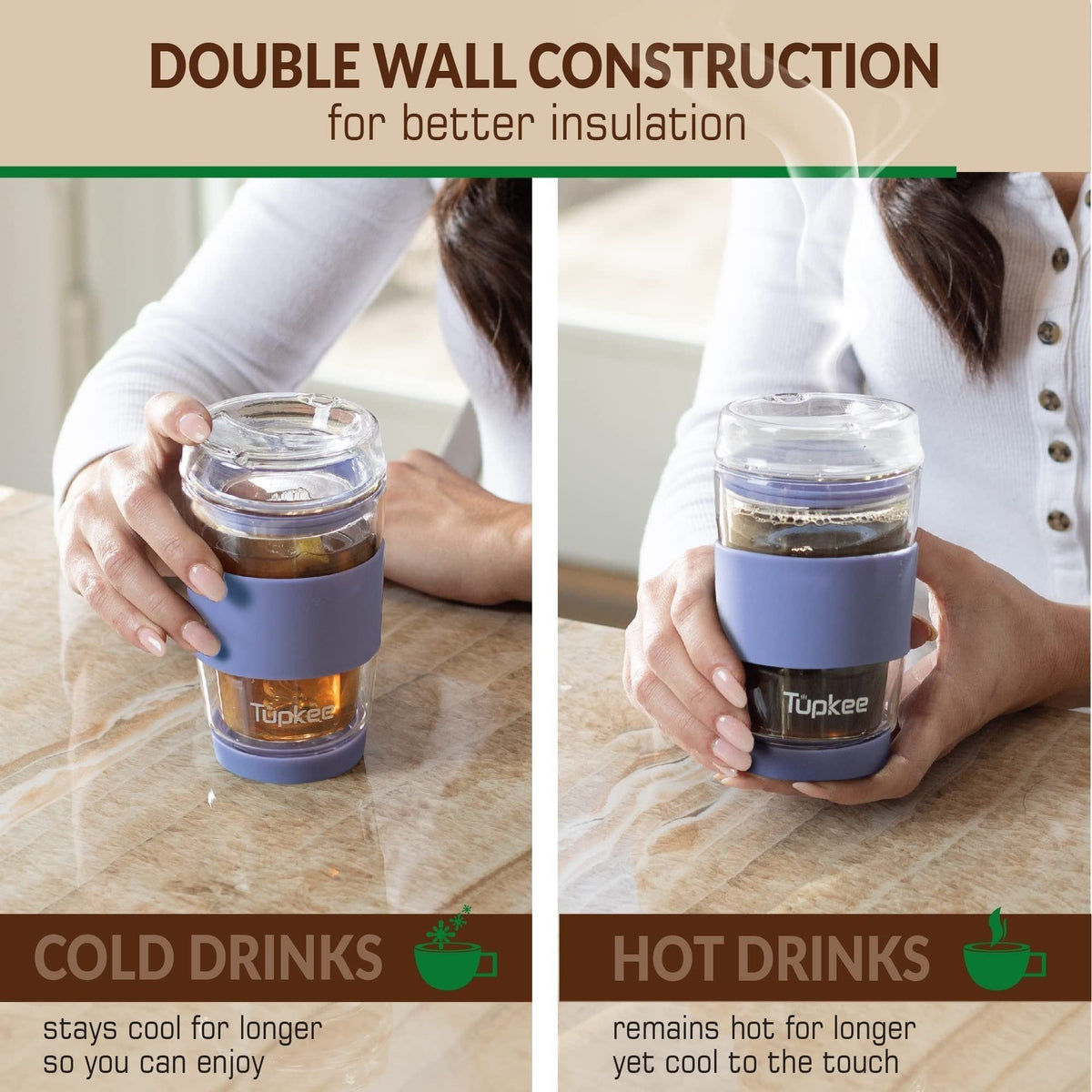 Double Wall Glass Tumbler - 8-Ounce, All Glass Reusable Insulated Tea/Coffee Mug & Lid, Hand Blown Glass Travel Mug