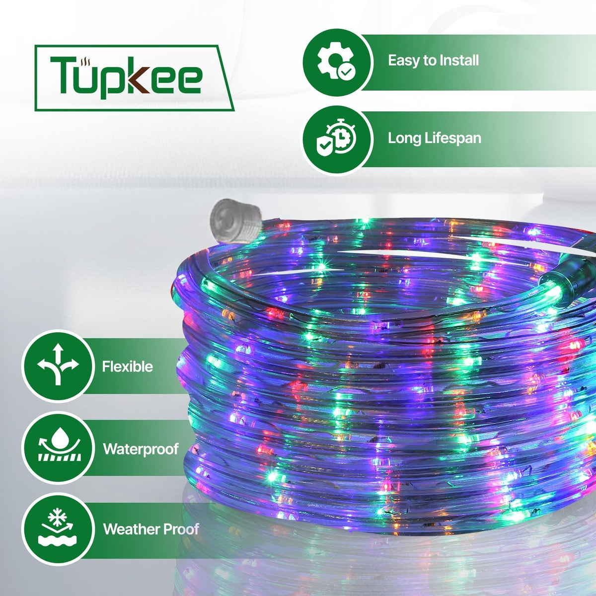 Rope Light LED - 24 Feet (7.3 m), for Indoor and Outdoor use - 10MM Diameter - 144 LED Long Life Bulbs Decorative Rope Tube Lights