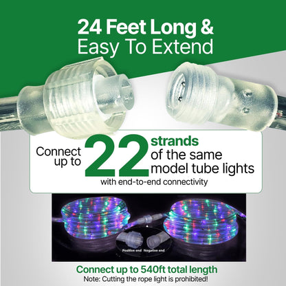 Rope Light LED - 24 Feet (7.3 m), for Indoor and Outdoor use - 10MM Diameter - 144 LED Long Life Bulbs Decorative Rope Tube Lights