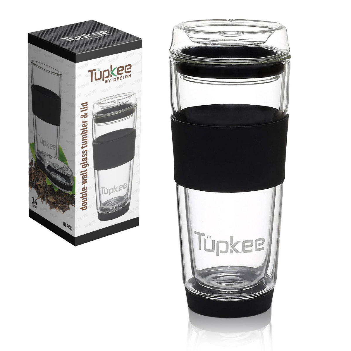 Double Wall Glass Tumbler - 14-Ounce, All Glass Reusable Insulated Tea/Coffee Mug & Lid, Hand Blown Glass Travel Mug