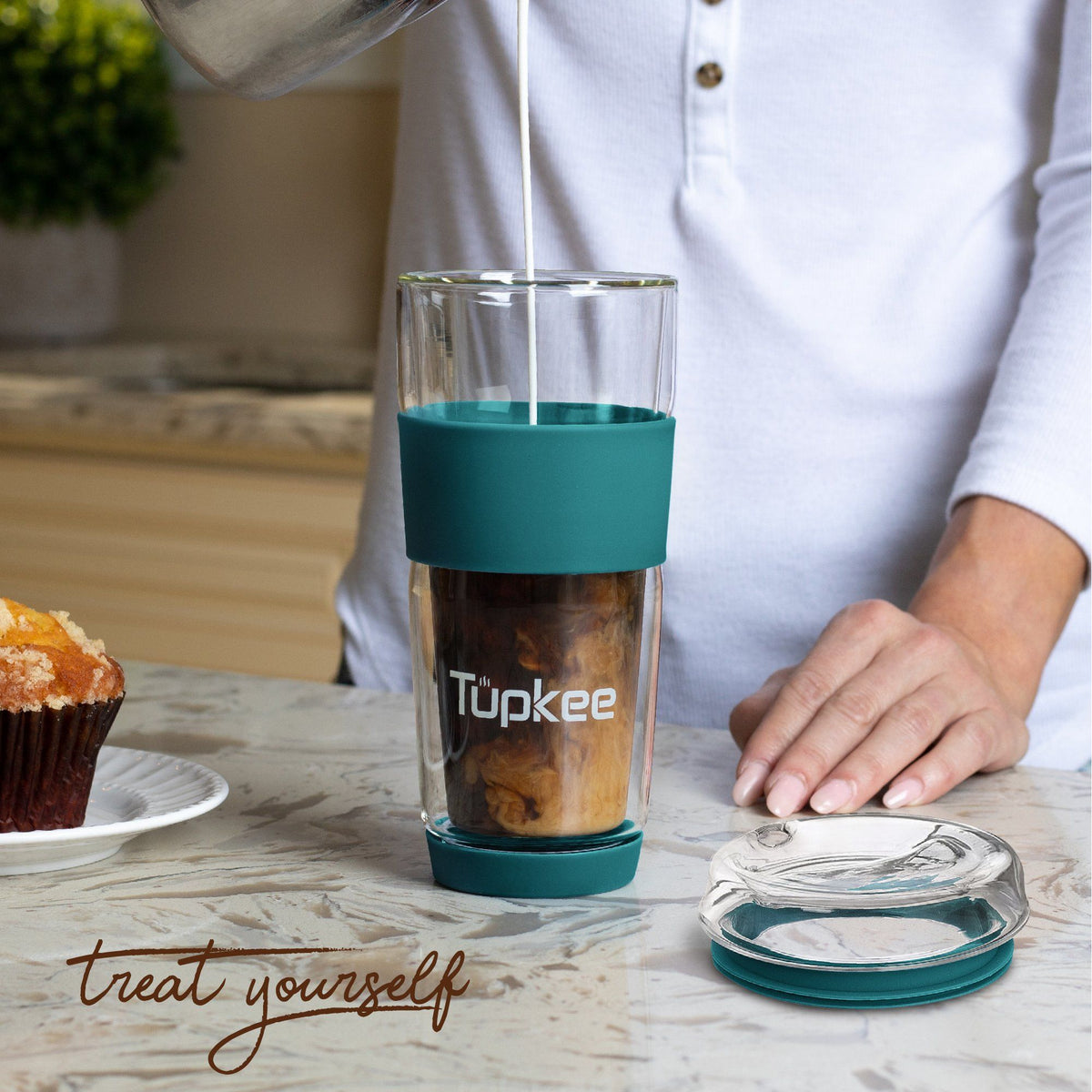 Double Wall Glass Tumbler - 14-Ounce, All Glass Reusable Insulated Tea/Coffee Mug & Lid, Hand Blown Glass Travel Mug