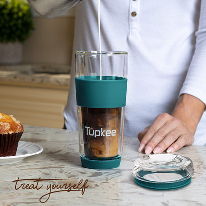 Double Wall Glass Tumbler - 14-Ounce, All Glass Reusable Insulated Tea/Coffee Mug & Lid, Hand Blown Glass Travel Mug