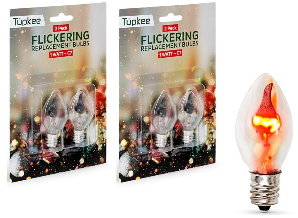 Tupkee C7 Flickering Flame Bulb - E12 Base 1W Small Replacement Flicker Night Light Bulb With Orange Dancing Glow For Christmas Candolier Candelabra, Window Candle, Halloween decoration - 2/Pkg