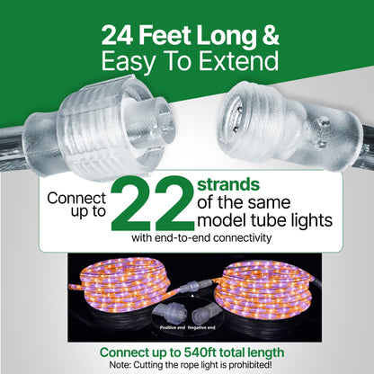 Rope Light LED - 24 Feet (7.3 m), for Indoor and Outdoor use - 10MM Diameter - 144 LED Long Life Bulbs Decorative Rope Tube Lights