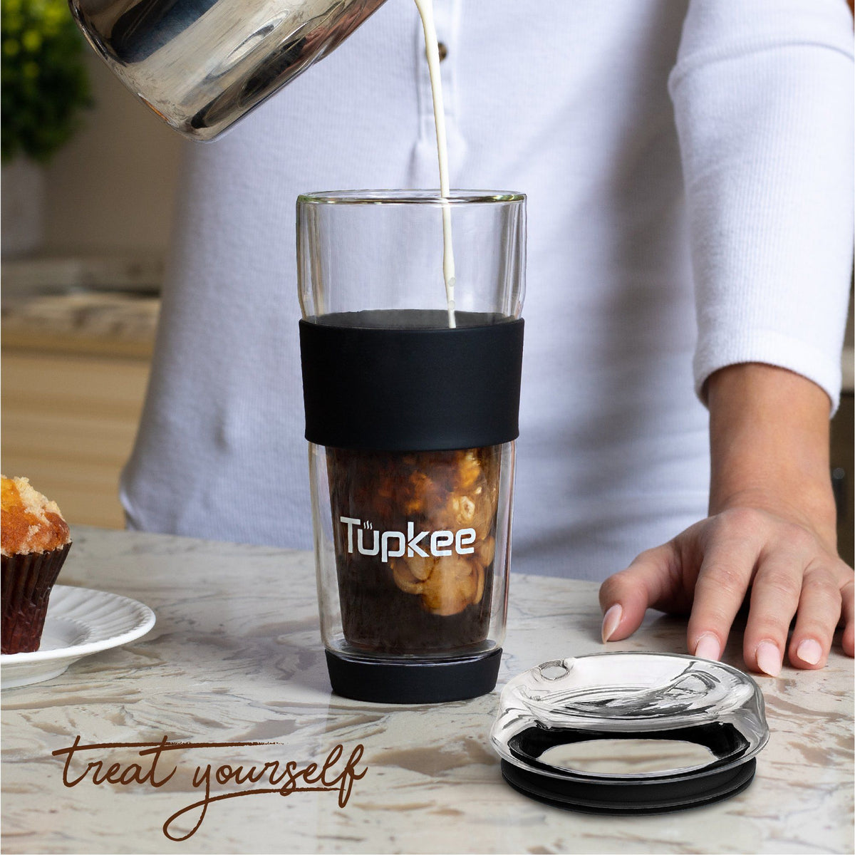 Double Wall Glass Tumbler - 14-Ounce, All Glass Reusable Insulated Tea/Coffee Mug & Lid, Hand Blown Glass Travel Mug