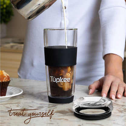 Double Wall Glass Tumbler - 14-Ounce, All Glass Reusable Insulated Tea/Coffee Mug & Lid, Hand Blown Glass Travel Mug