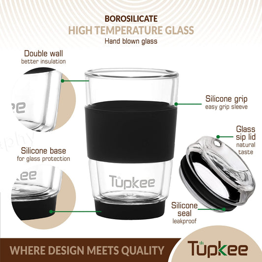 Double Wall Glass Tumbler - 8-Ounce, All Glass Reusable Insulated Tea/Coffee Mug & Lid, Hand Blown Glass Travel Mug