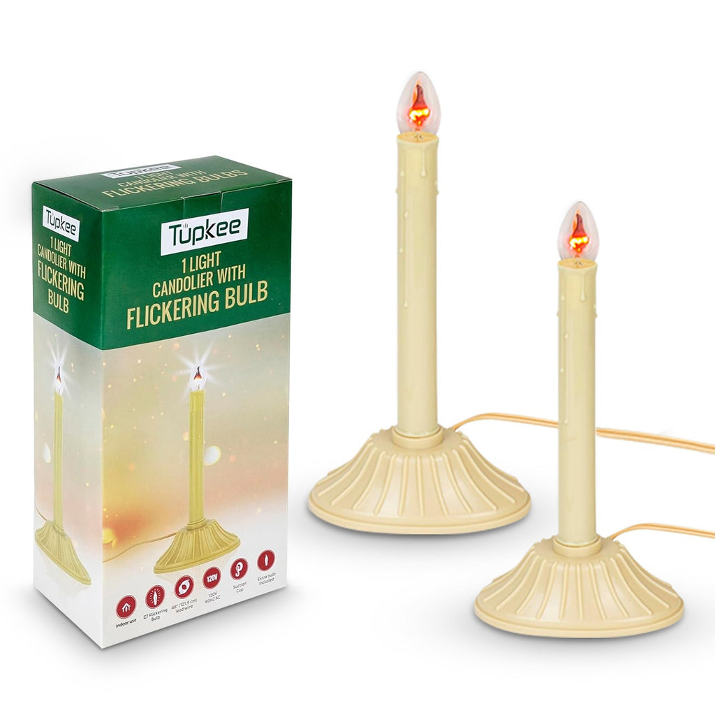 Christmas Candolier Window Candle – with Flickering Bulb – Single Indoor - Flameless Electric Window Candle Candelabra