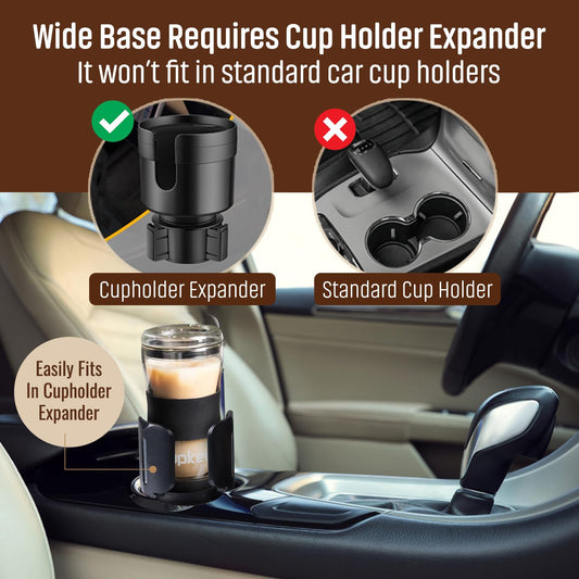 Car cup holder expander with text explaining its use and benefits