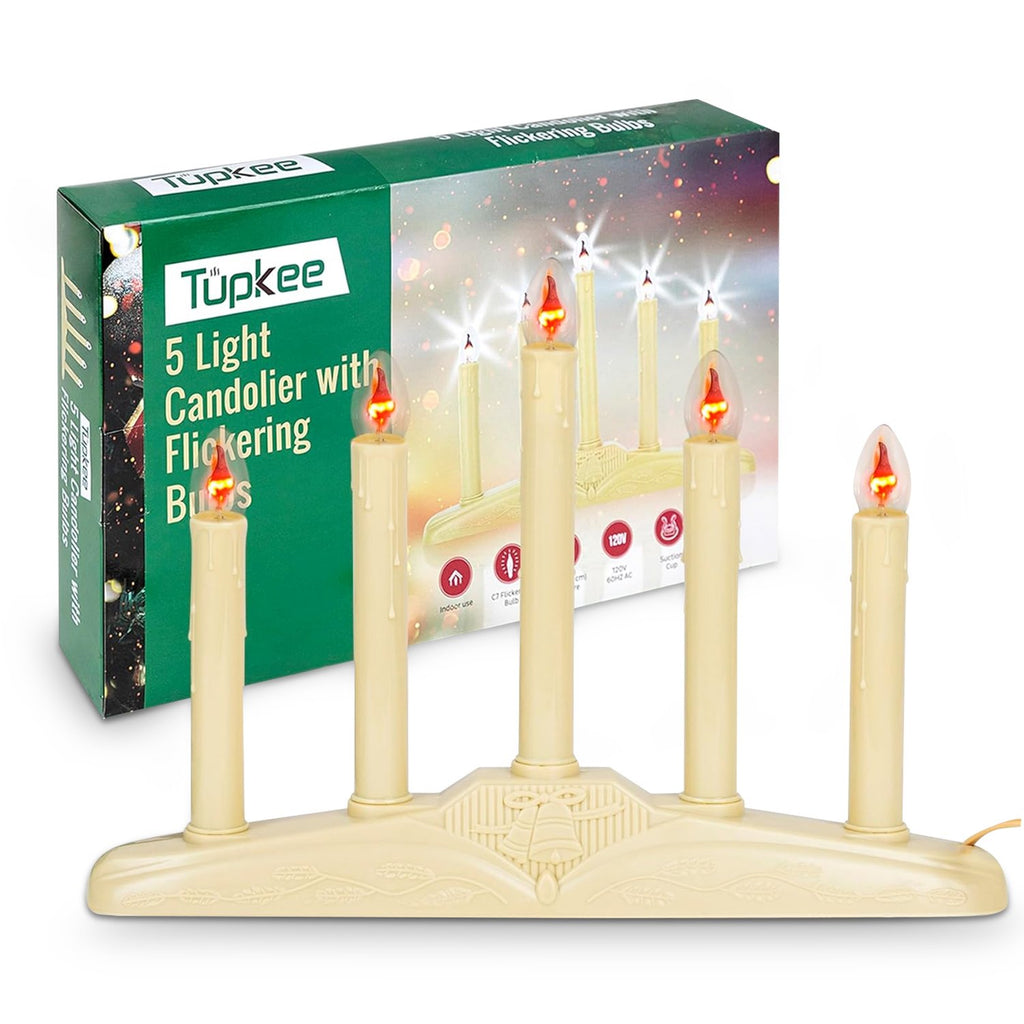 Christmas Candolier Window Candles – with Flickering Bulbs – 5-Lights Indoor - Flameless Electric Window Candles Candelabra