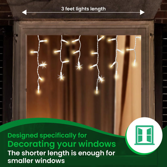 Christmas Twinkle Window Icicle Lights - Uniquely LED, Matches Incandescent Exactly - 3 Feet String (0.91m) - 10 of 50 Bulbs Twinkle Random - 50 LED Warm White Bulb - Twinkling Icicle Christmas Lights