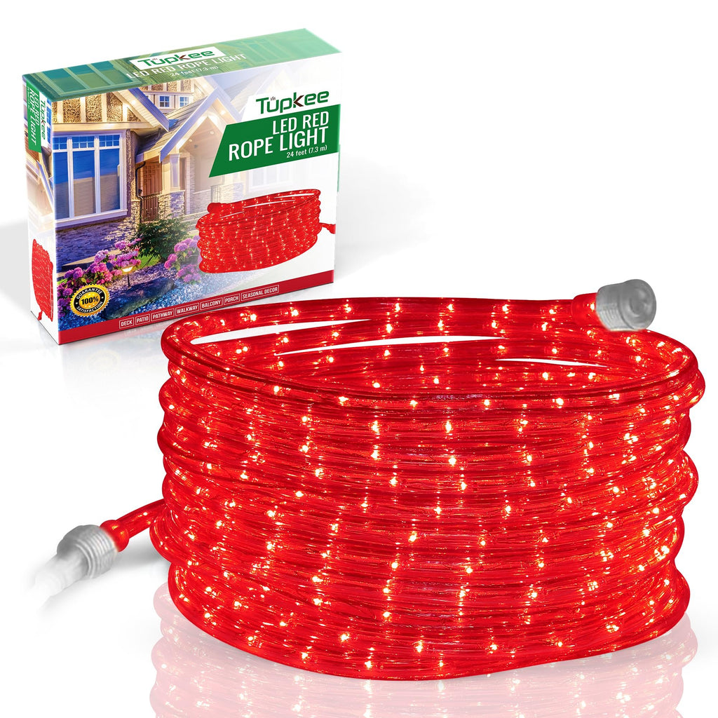 LED Rope Light Red - for Indoor and Outdoor use, 24 Feet (7.3 m) - 10MM Diameter - 144 LED Long Life Bulbs Rope Tube Lights