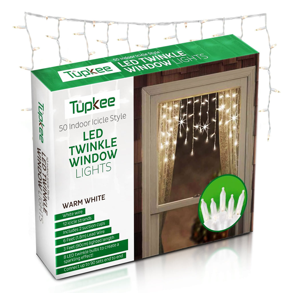 Christmas LED Twinkle Window Icicle Lights - 3 Feet (0.91 m) - 8 of 50 Bulbs Twinkle Random - 50 LED Bulbs - Indoor Outdoor - Twinkling Icicle Christmas Lights