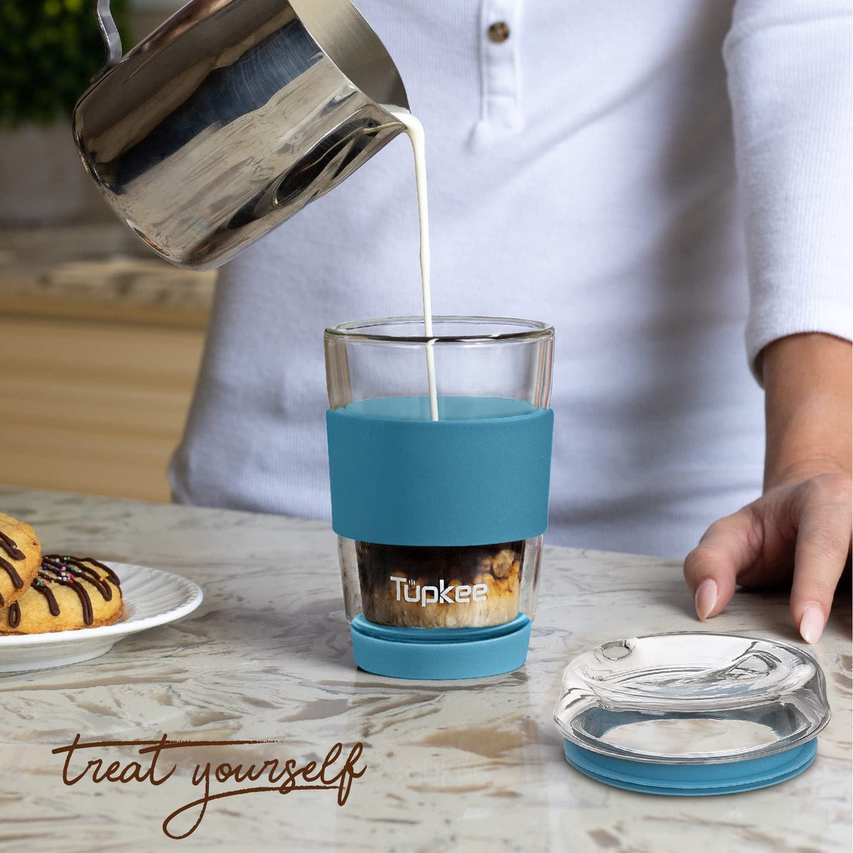 Double Wall Glass Tumbler - 8-Ounce, All Glass Reusable Insulated Tea/Coffee Mug & Lid, Hand Blown Glass Travel Mug