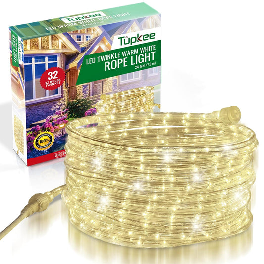 Warm-White LED Twinkle Rope Light, 24 ft, Indoor/Outdoor, Waterproof 32 of 192 Bulbs Twinkle, Flexible, Durable, Linkable & Connectable Tube, for Bedroom, Garden, Halloween, Christmas Decoration