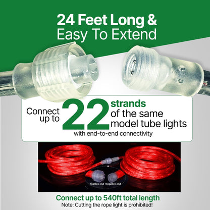 Rope Light LED - 24 Feet (7.3 m), for Indoor and Outdoor use - 10MM Diameter - 144 LED Long Life Bulbs Decorative Rope Tube Lights