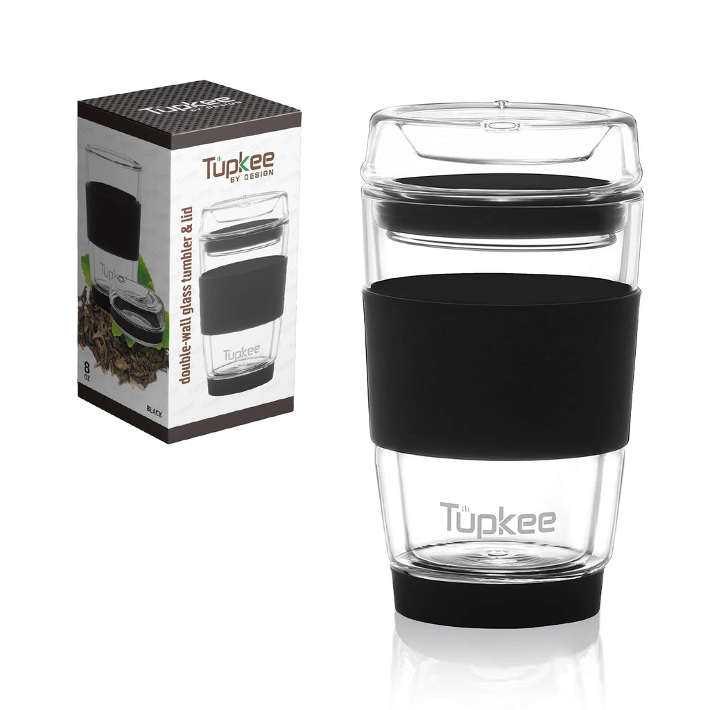 Double Wall Glass Tumbler - 8-Ounce, All Glass Reusable Insulated Tea/Coffee Mug & Lid, Hand Blown Glass Travel Mug - Black