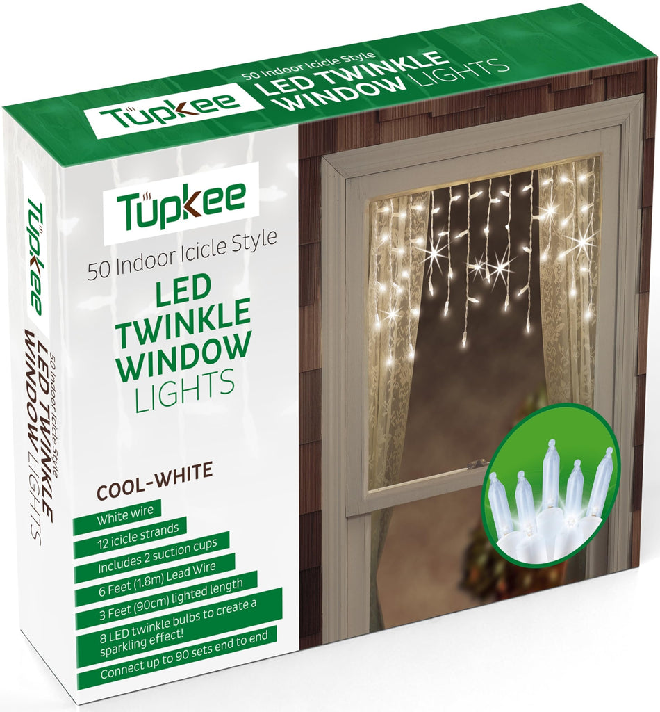 Tupkee Christmas LED Twinkle Window Icicle Lights - 3 Feet (0.91 m) - 8 of 50 Bulbs Twinkle Random - 50 LED Cool White Bulbs - Indoor Outdoor - Twinkling Icicle Christmas Lights