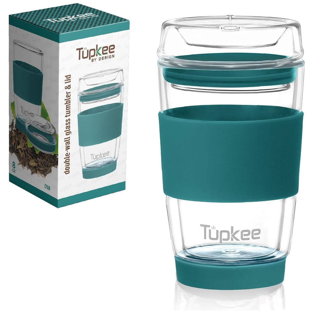 Double Wall Glass Tumbler - 8-Ounce, All Glass Reusable Insulated Tea/Coffee Mug & Lid, Hand Blown Glass Travel Mug - Cyan - 2 Pack