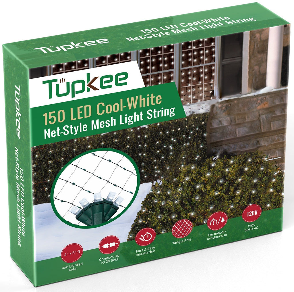 Tupkee Christmas Light Net – 150 LED Cool-White Mesh Lights - 4 ft x 6 ft – Outdoor/Indoor – Net Lights for Bushes, Hedges or Trees