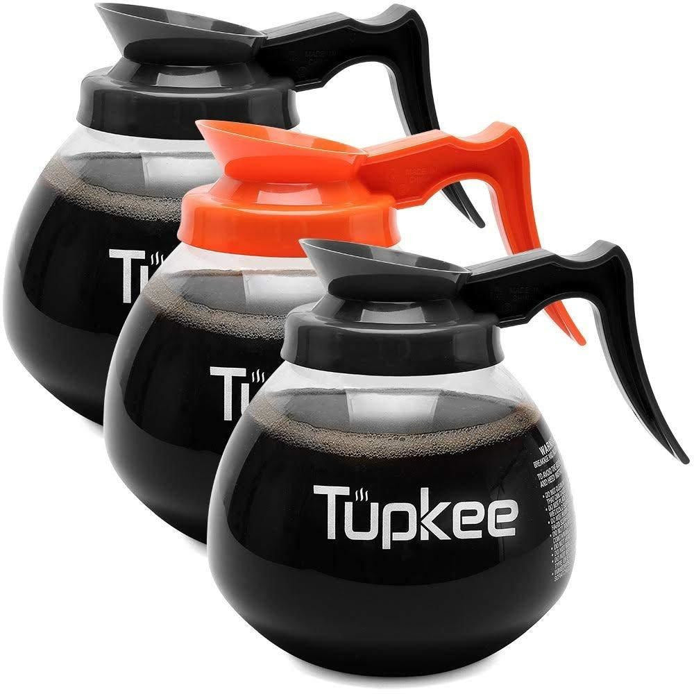 Tupkee Glass Replacement Coffee Pot - Shatter-Resistant Commercial Restaurant Decanter Carafe - 64 oz 12 Cup Set of 2-1 Black and 1 Orange Decaf, Comp