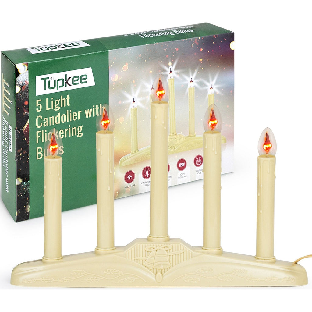 Christmas Candolier Window Candles – with Flickering Bulbs – Includes Extra Bulb, 48 Inch Lead Wire & Suction Cup - 5-Lights Indoor -Flameless Electric Window Candles Candelabra
