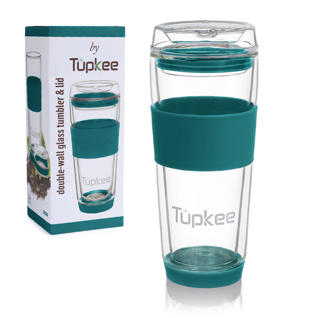 Double Wall Glass Tumbler - 14-Ounce, All Glass Reusable Insulated Tea/Coffee Mug & Lid, Hand Blown Glass Travel Mug - Cyan