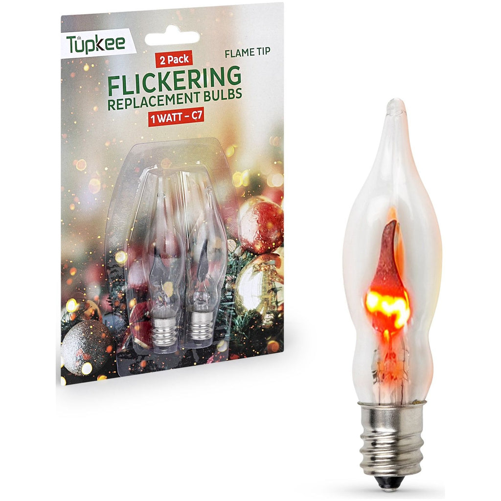 C7 Flickering Flame Tip Bulb – 1W, Incandescent Light Bulb with a Orange Glow That Flickers and Dances Up and Down - Replacement for Christmas Candolier Window Candle - 2/Pkg