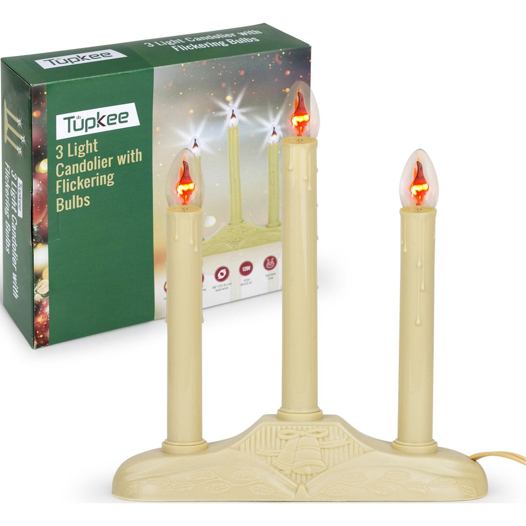 Christmas Candolier Window Candles – with Flickering Bulbs – Includes Extra Bulb, 48 Inch Lead Wire & Suction Cup - 3-Lights Indoor - Flameless Electric Window Candles Candelabra