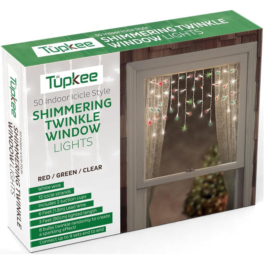 Shimmering Twinkle Window Icicle Lights - 3 Feet (0.91 m), 50 Red, Green & Clear Incandescent Christmas Indoor Outdoor Random Twinkle Icicle Lights - 8 of 50 Lights Twinkle