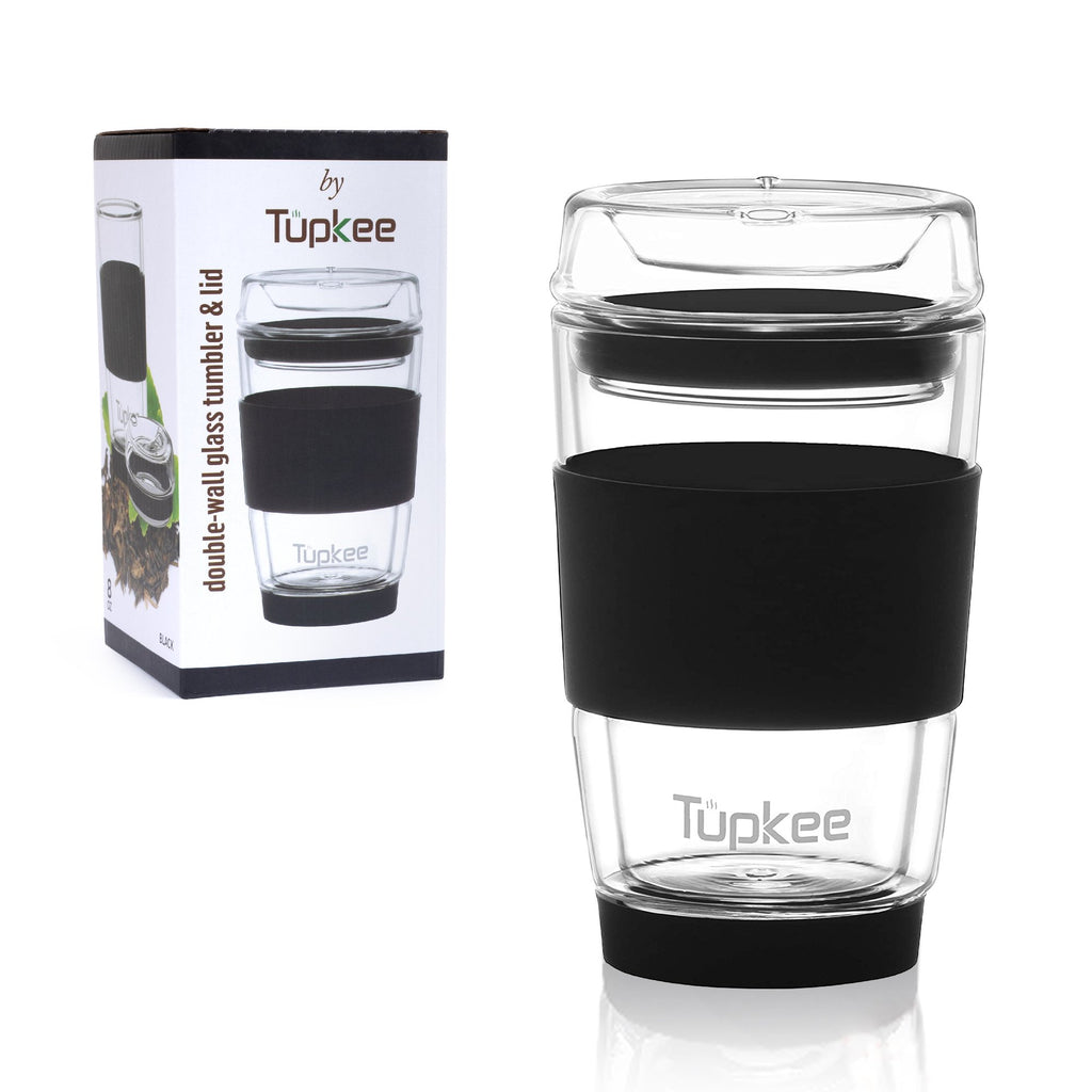 Double Wall Glass Tumbler - 8-Ounce, All Glass Reusable Insulated Tea/Coffee Mug & Lid, Hand Blown Glass Travel Mug - Black