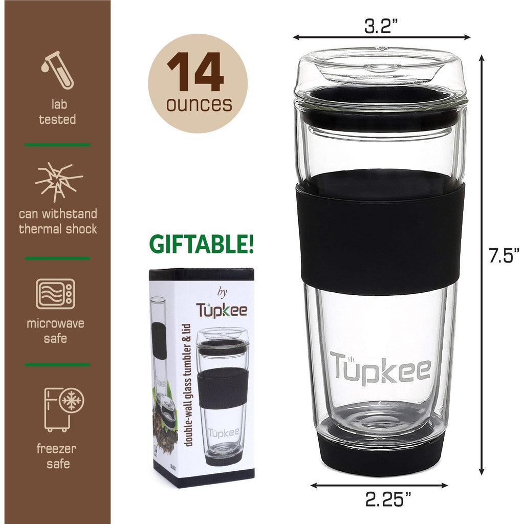 Reusable Glass Travel Mug Coffee Cup - Insulated Double Walled