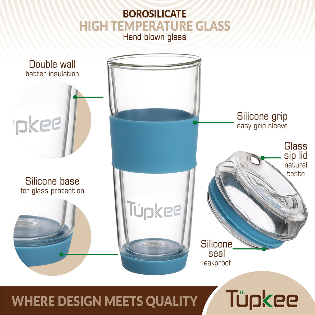 Tupkee Double Wall Glass Tumbler - 14-ounce, All Glass Reusable Insulated Tea/Coffee Mug & Lid, Hand Blown Glass Travel Mug - Niagara - 2 Pack