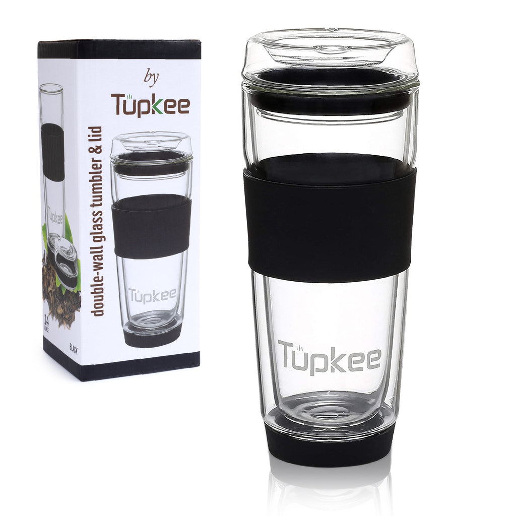 Tupkee Double Wall Glass Tumbler Insulated Tea/coffee Mug & Lid Hand Blown  14oz for sale online