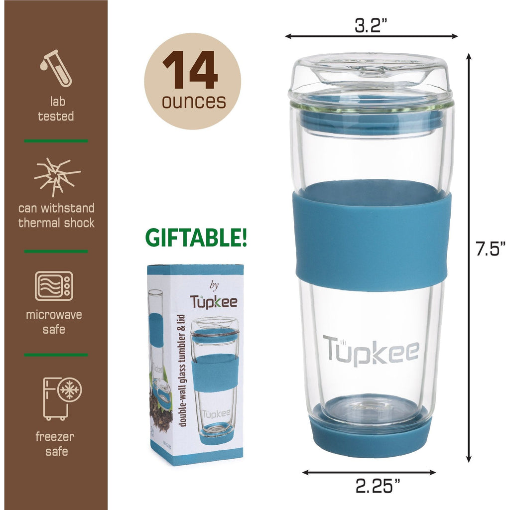 Tupkee Double Wall Glass Tumbler - 14-Ounce, All Glass  Reusable Insulated Tea/Coffee Mug & Lid, Hand Blown Glass Travel Mug -  Black: Tumblers & Water Glasses