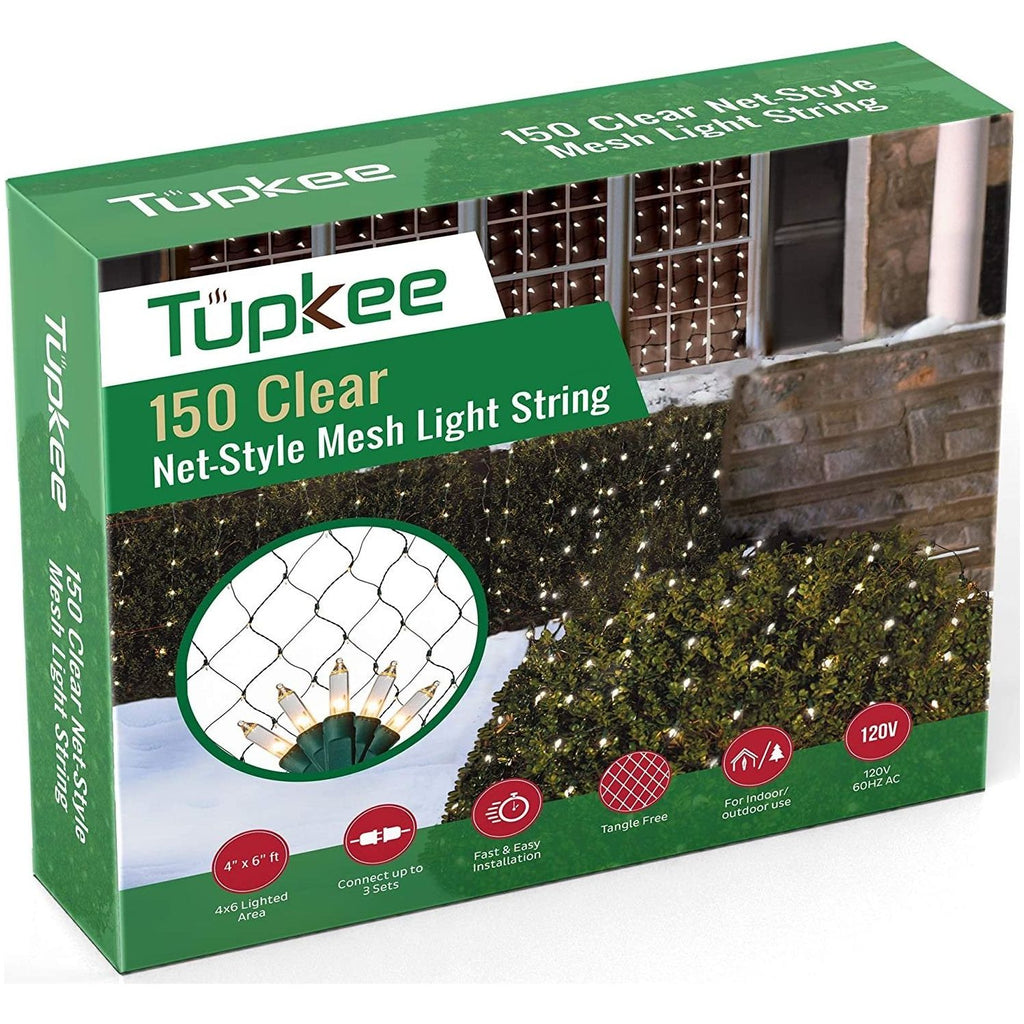 Tupkee Christmas Light Net – 150 Clear Warm Mesh Lights - 4 ft x 6 ft – Outdoor/Indoor – Net Lights for Bushes, Hedges or Trees